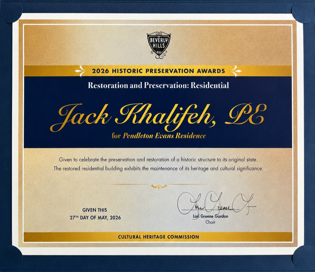 Pendleton Evans Residence — Restoration and Preservation: Residential — Historic Preservation Award — Jack Khalifeh, P.E. — City of Beverly Hills — Cultural Heritage Commission — 2026