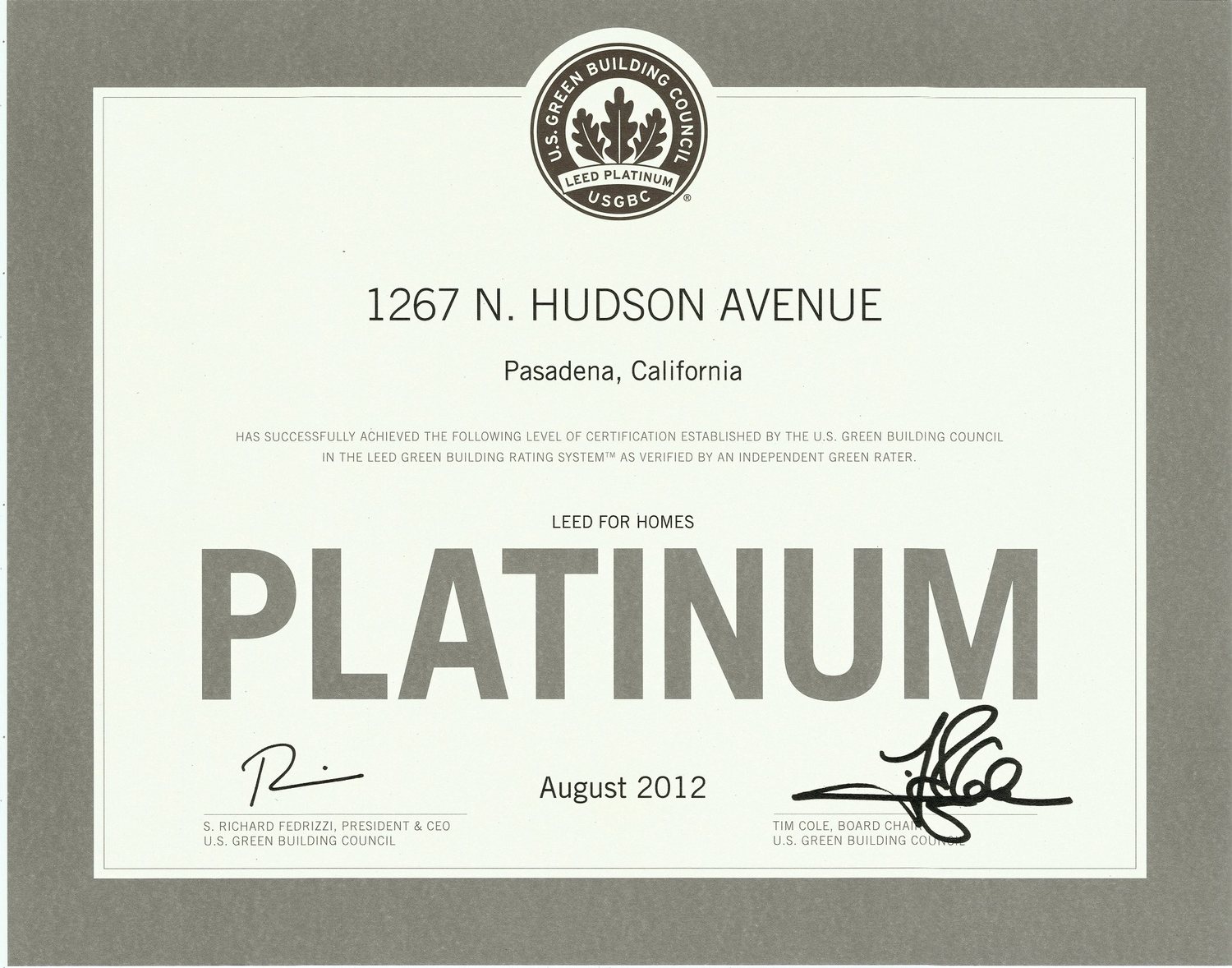 1267 N. Hudson Avenue — Pasadena, California — LEED for Homes — LEED Platinum — U.S. Green Building Council — August 2012