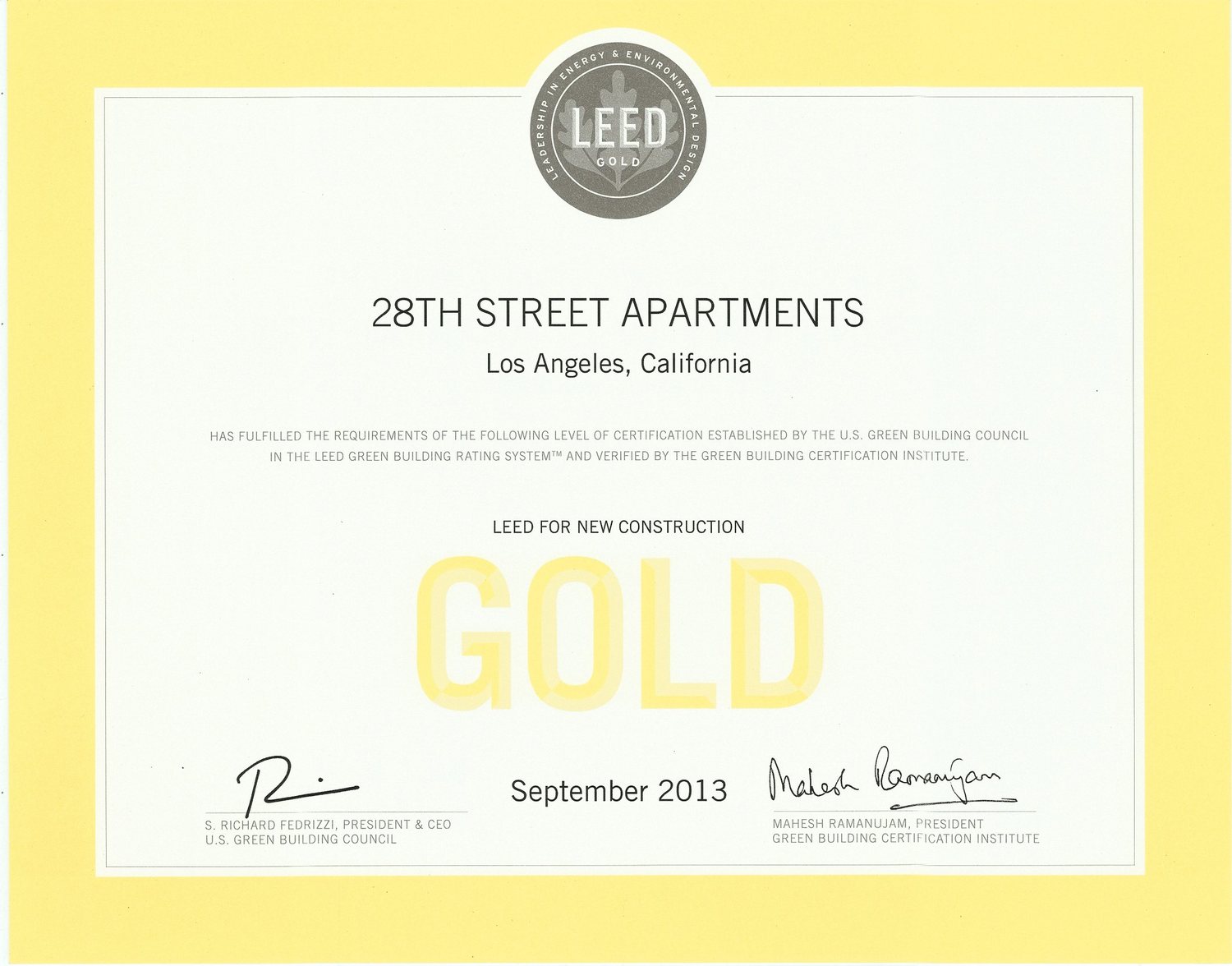 28th Street Apartments — Los Angeles, California — LEED for New Construction — LEED Gold — U.S. Green Building Council — September 2013