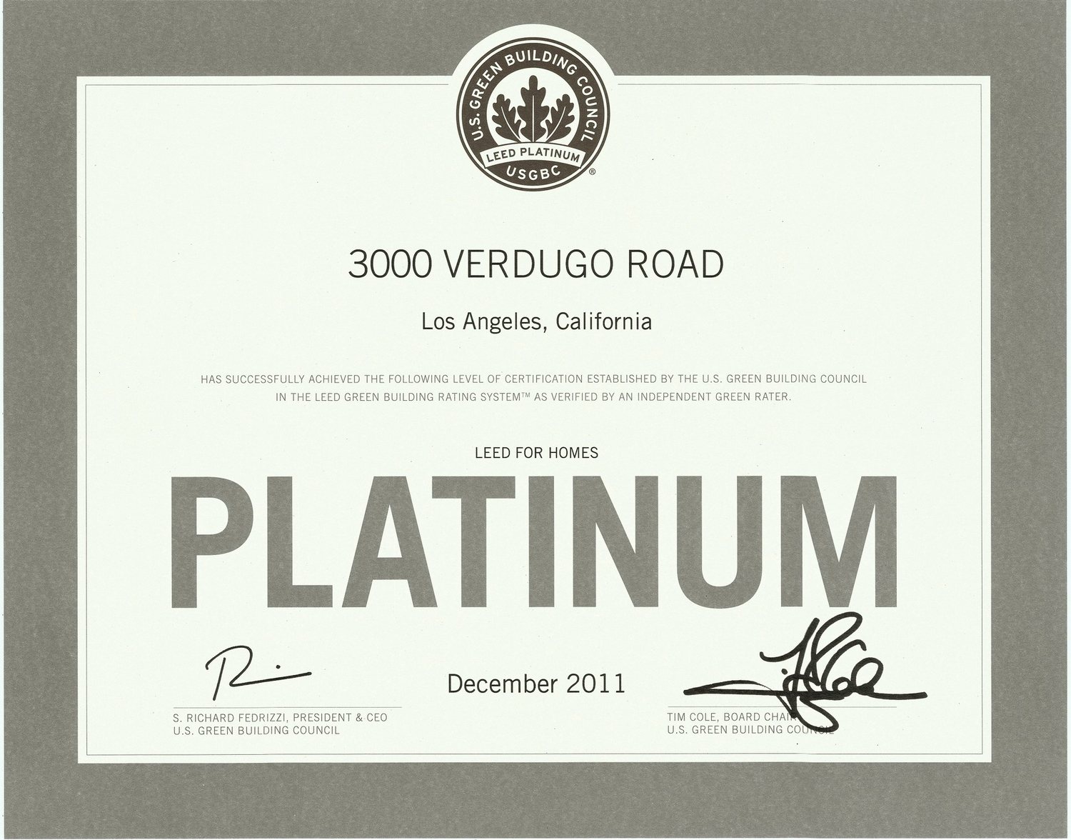 3000 Verdugo Road — Los Angeles, California — LEED for Homes — LEED Platinum — U.S. Green Building Council — December 2011