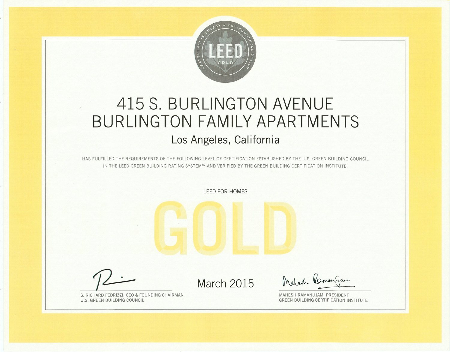 415 S. Burlington Avenue / Burlington Family Apartments — Los Angeles, California — LEED for Homes — LEED Gold — U.S. Green Building Council — March 2015
