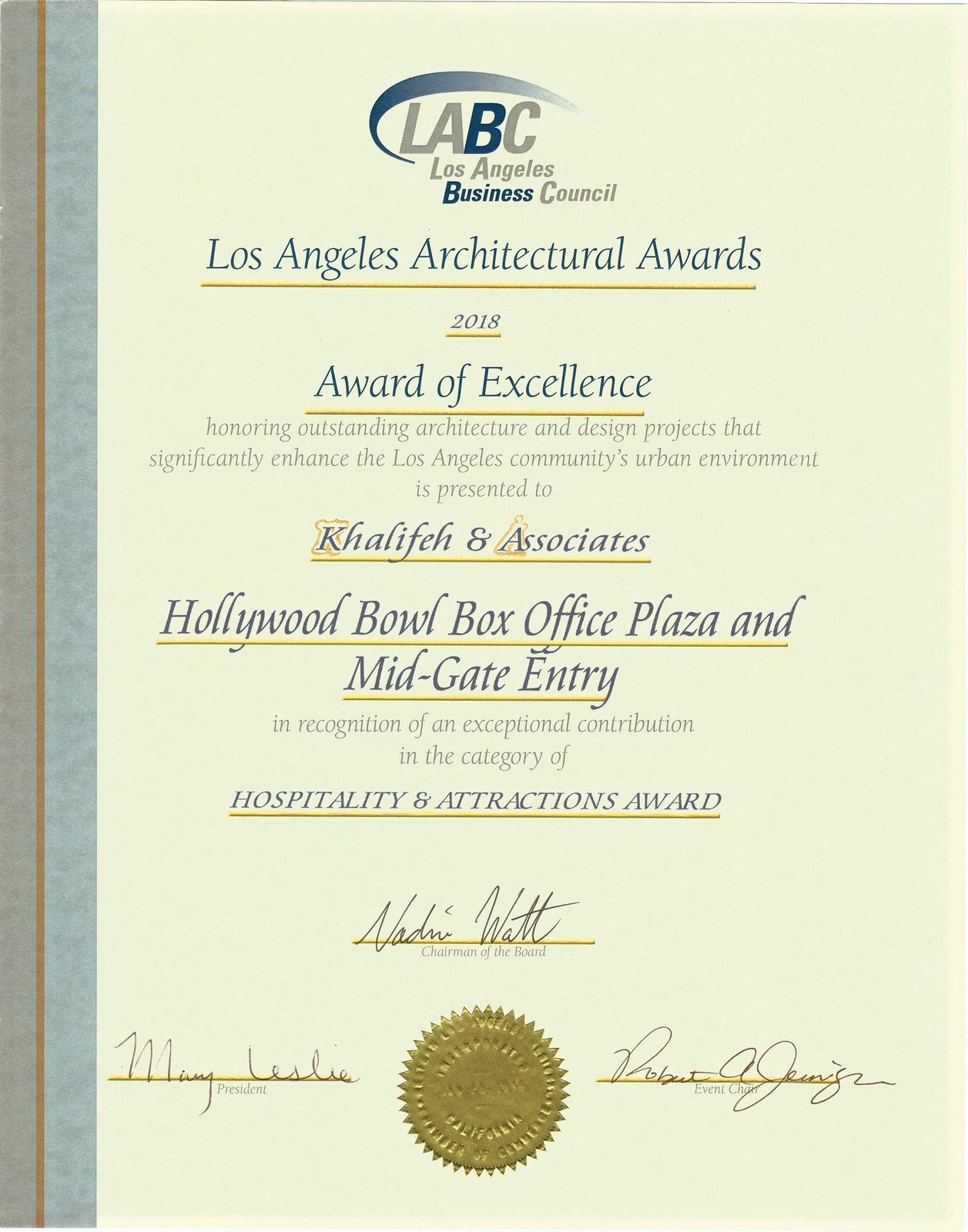 Hollywood Bowl Box Office Plaza and Mid-Gate Entry — Los Angeles Architectural Awards — Hospitality & Attractions Award — Award of Excellence — Khalifeh & Associates — Los Angeles Business Council — 2018