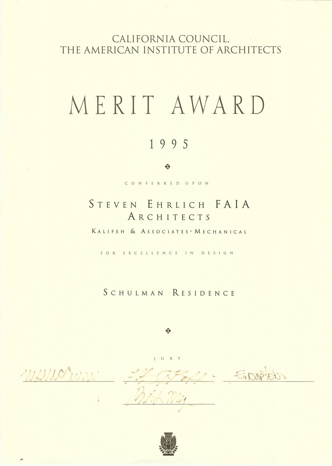 Schulman Residence — Excellence in Design — Merit Award — Steven Ehrlich FAIA Architects with Khalifeh & Associates — Mechanical — California Council, The American Institute of Architects — 1995