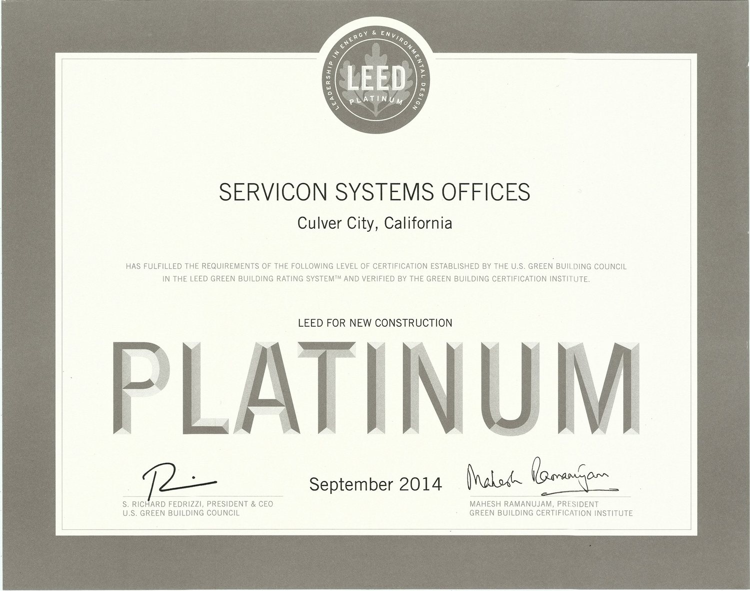 Servicon Systems Offices — Culver City, California — LEED for New Construction — LEED Platinum — U.S. Green Building Council — September 2014