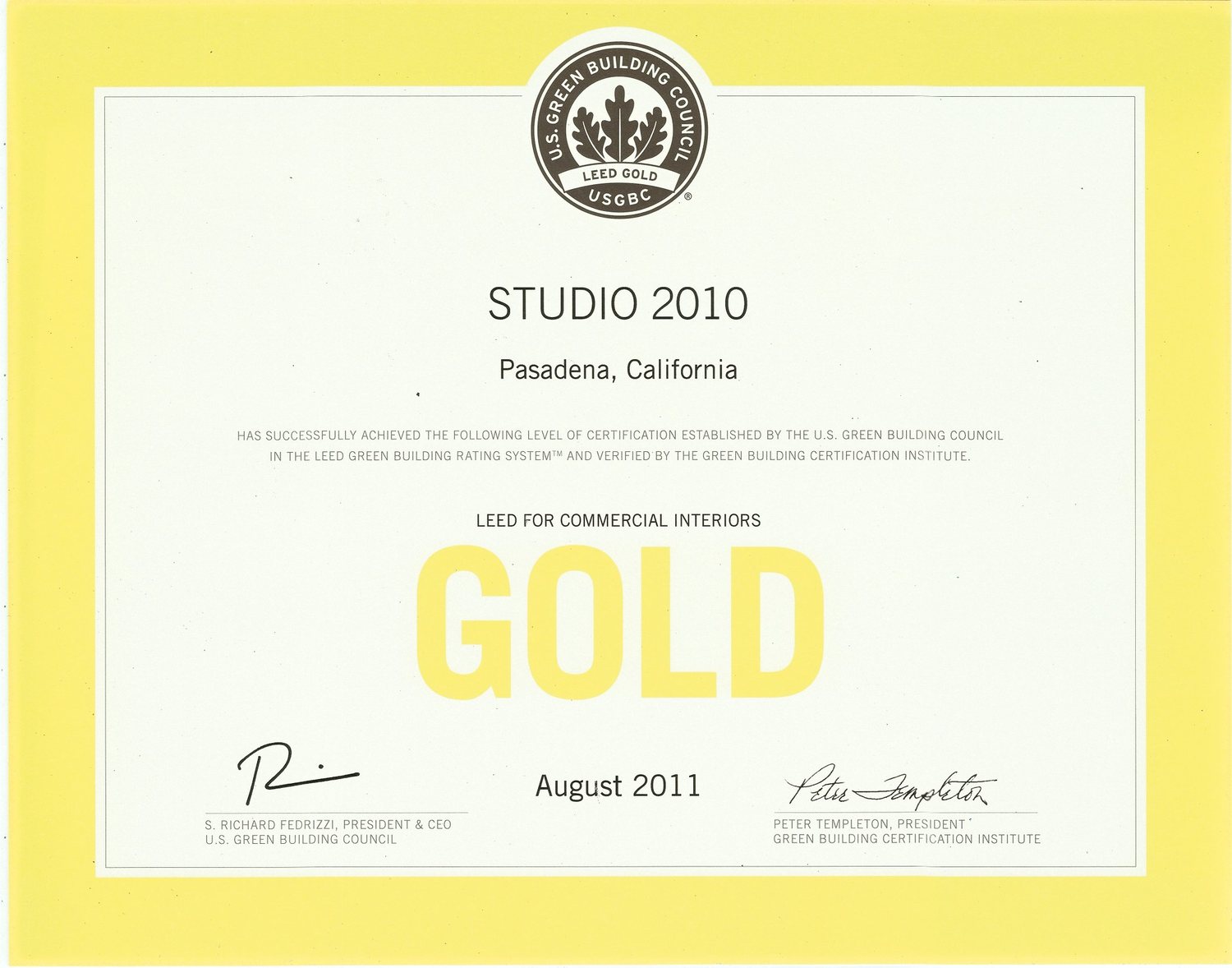 Studio 2010 — Pasadena, California — LEED for Commercial Interiors — LEED Gold — U.S. Green Building Council — August 2011