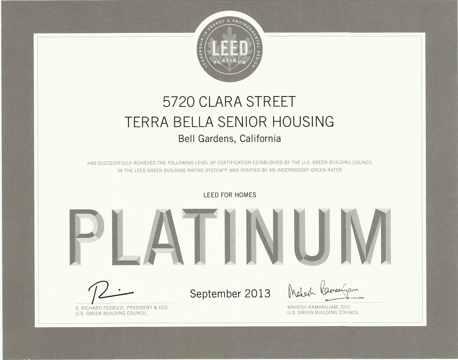 5720 Clara Street / Terra Bella Senior Housing — Bell Gardens, California — LEED for Homes — LEED Platinum — U.S. Green Building Council — September 2013