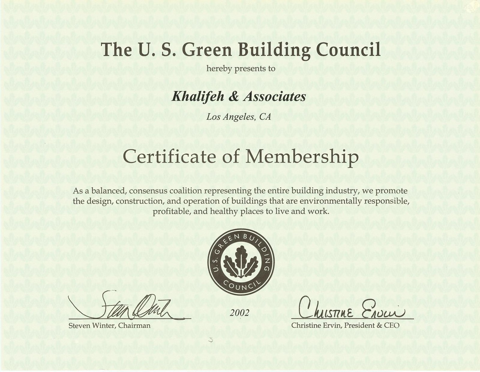Khalifeh & Associates — Los Angeles, CA — Certificate of Membership — U.S. Green Building Council — 2002
