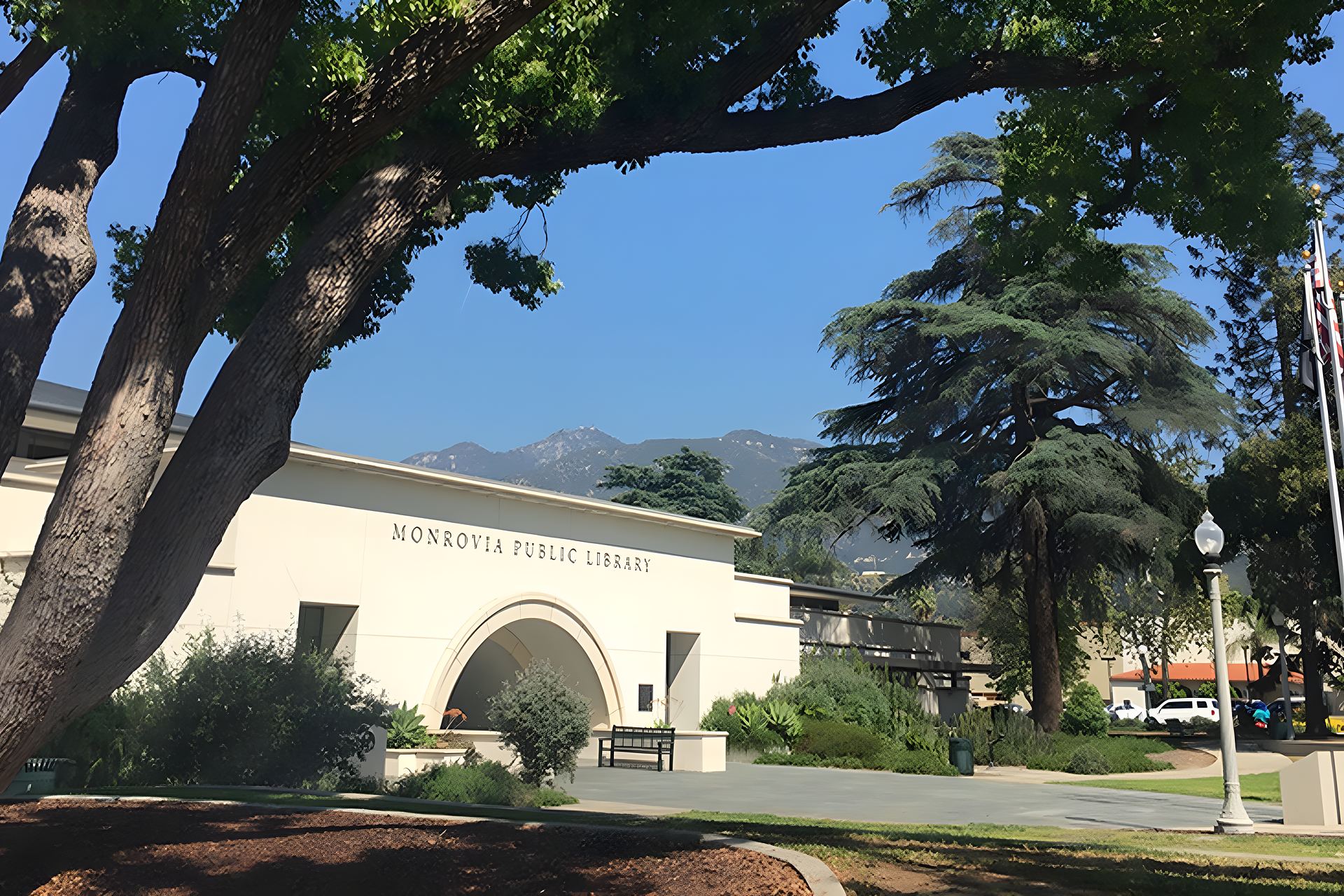 Monrovia Public Library — the entrance arch under the San Gabriel Mountains