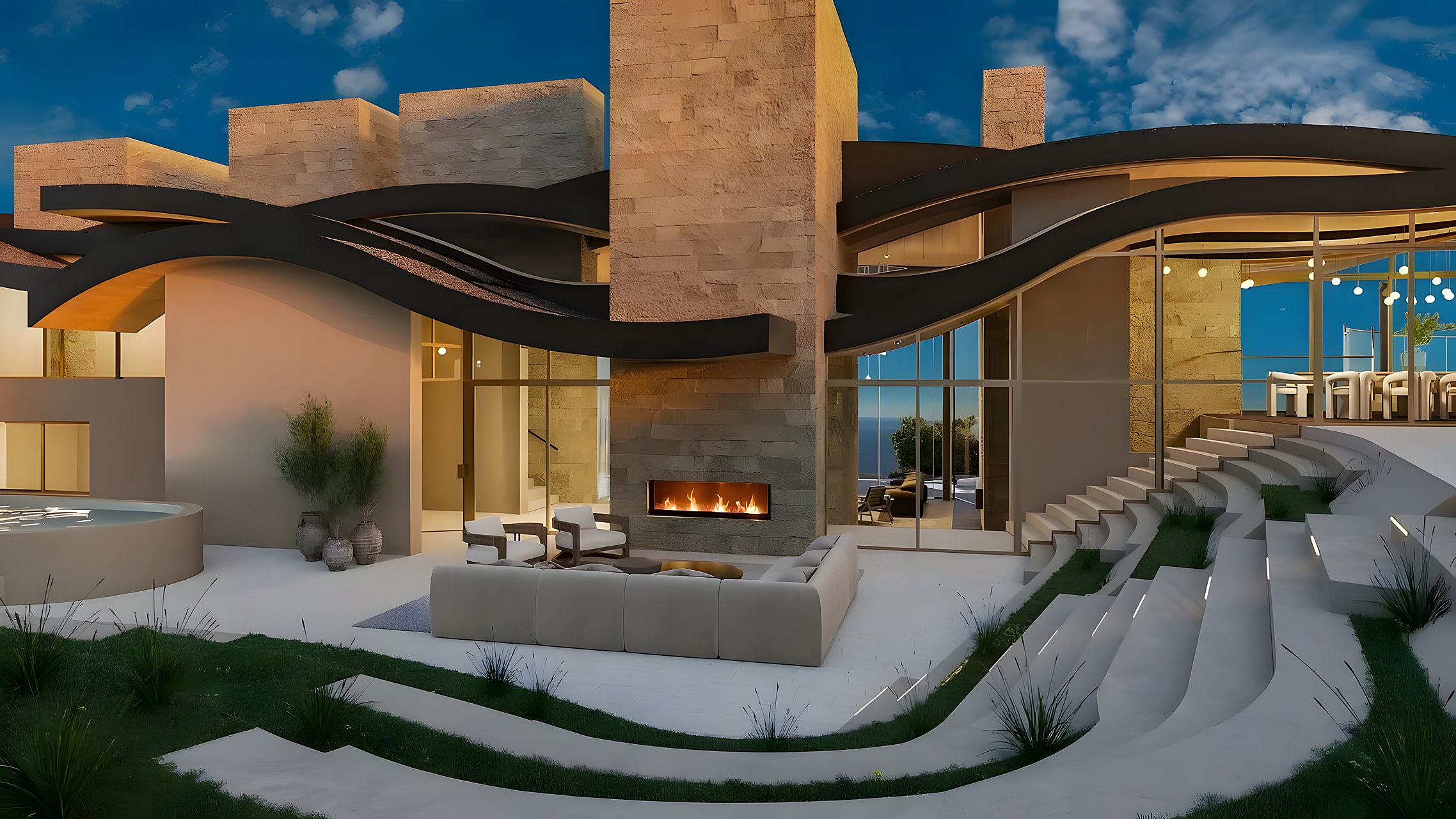 2930 Sweetwater Mesa, Malibu — the courtyard under its sculpted canopy